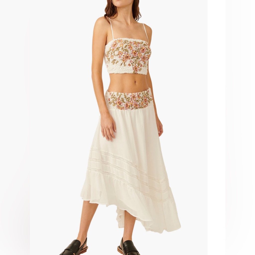Free People Augusta Floral Appliqu Crop Top & Asymmetrical Skirt Set
